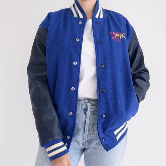 Vintage Varsity Navy Spirit Cheer 15% Wool Button Down Varsity Bomber Jacket S - Picture 2 of 12